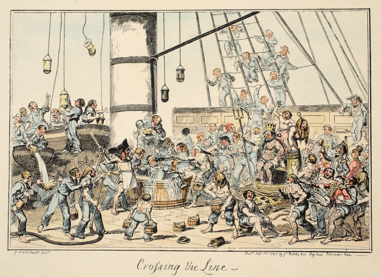 Crossing The Line, fra Greenwich Hospital, en serie marineskisser, Descriptive of a Life of a Man-of-Wars Man, pub. 1825 (håndfarget gravering) av George Cruikshank