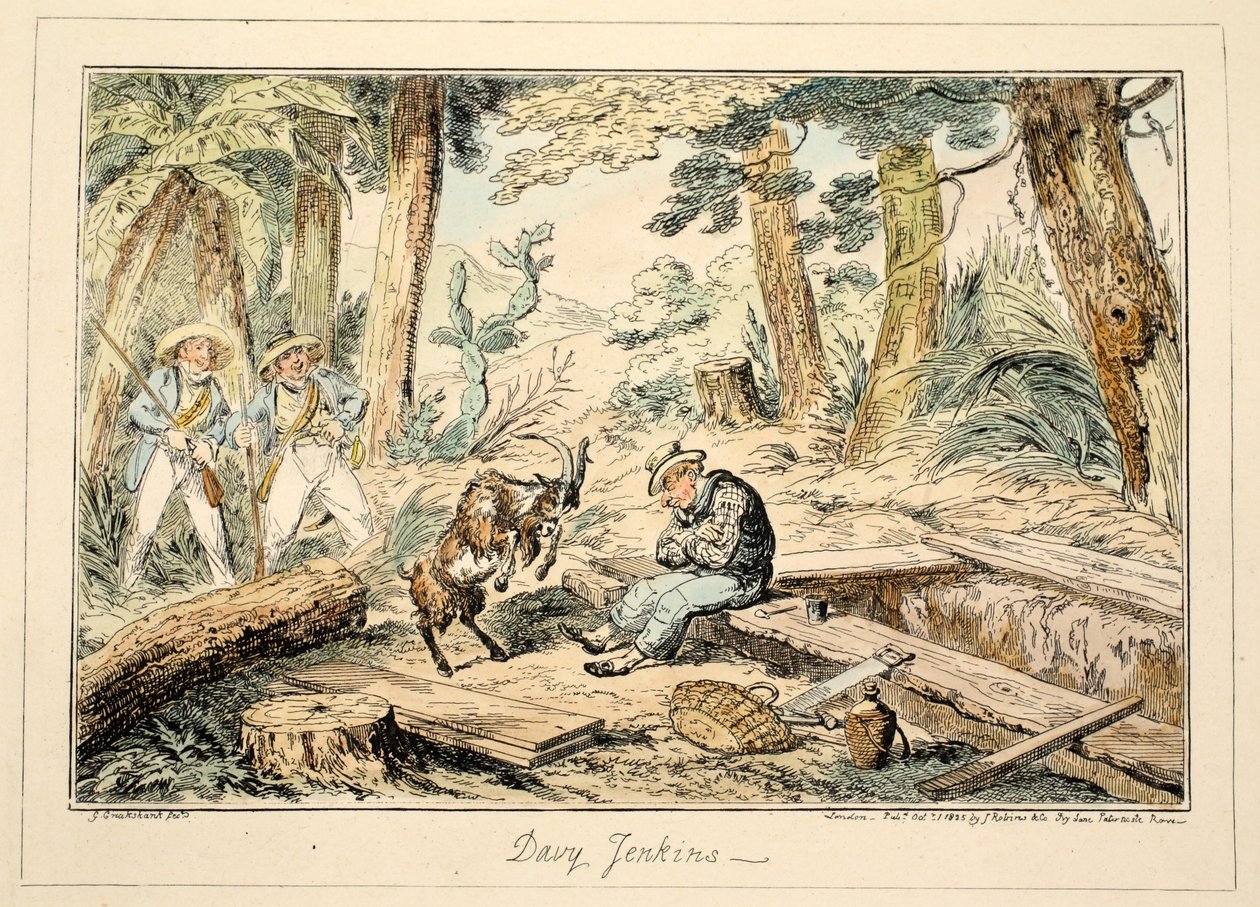 Davy Jenkins, fra Greenwich Hospital, a Series of Naval Sketches, Descriptive of a Life of a Man-of-Wars Man, pub. 1826 (håndfarget gravering) av George Cruikshank