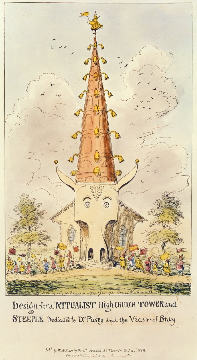 Design for et ritualistisk High Church Tower and Steeple, dedikert til Dr. Pusey and the Vicar of Bray, 1868 (trykk) av George Cruikshank