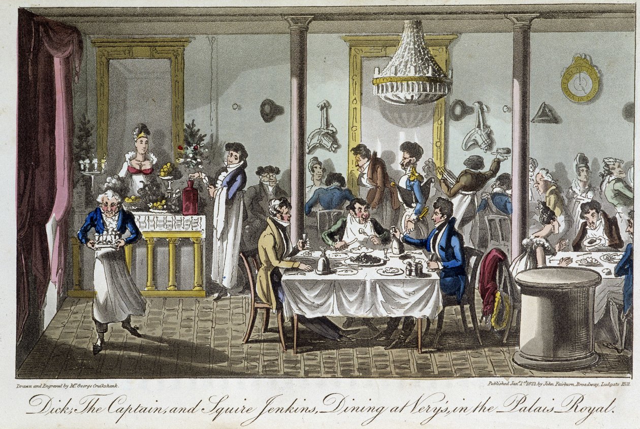 Middag på Very, på Palais Royal - i "Life in Paris" av David Carey, London av George Cruikshank
