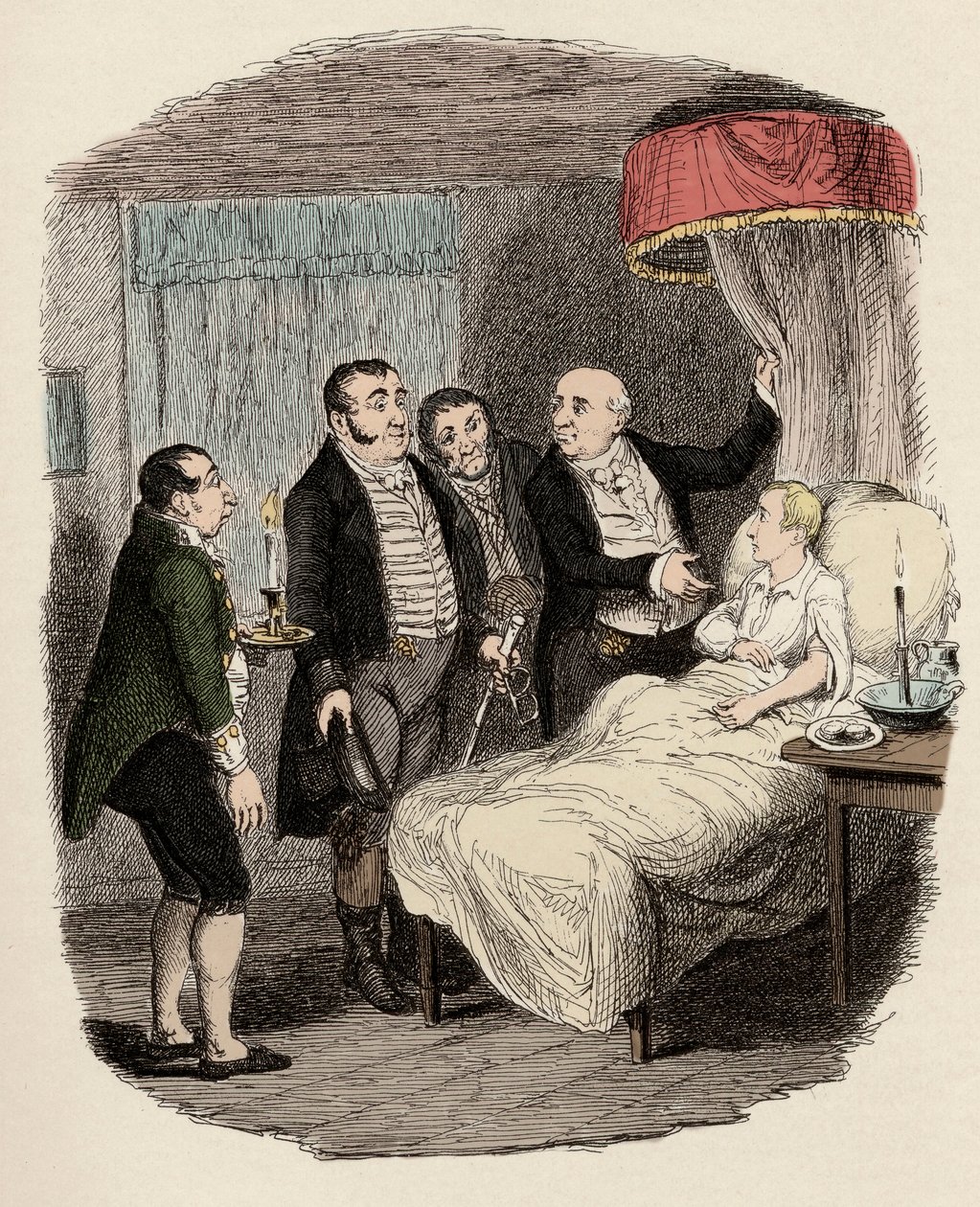Dr. Losberne viser Oliver til Bow Street-politibetjentene - Oliver ventet på av Bow Street Runners - Illustrasjon for "" Oliver Twist"" (Oliver) (The Adventures of Oliver Twist) av Charles Dickens (1812-1870), av George Cruikshank (1792-1878). av George Cruikshank
