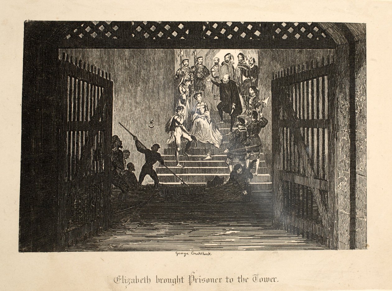 Elizabeth brakte fangen til Tower, fra The Tower of London, pub. 1840 av George Cruikshank