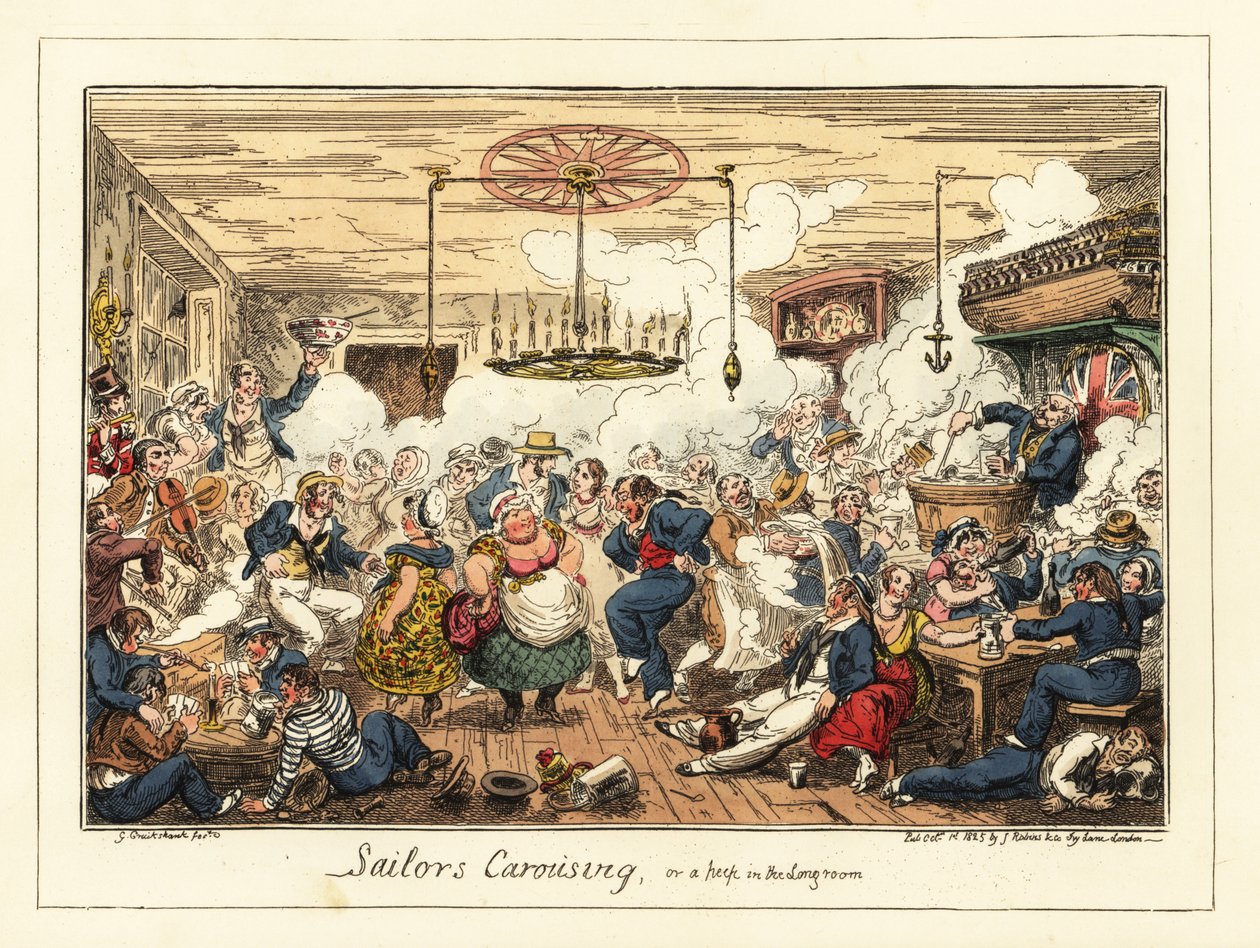 Engelske sjømenn som drikker og danser på en pub, Napoleons tid, 1829 (litografi) av George Cruikshank