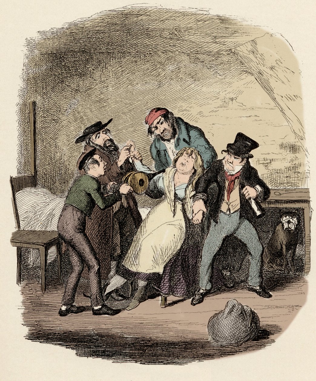 Fagin, Charley Bates, Kikes og Dawkins gjenoppliver Nancy - Mr Fagin og hans elev gjenoppliver Nancy - Illustrasjon for "" Oliver Twist"" (Oliver) (The Adventures of Oliver Twist) av Charles Dickens (1812-1870), av George Cruikshank ( 1792-1878). av George Cruikshank