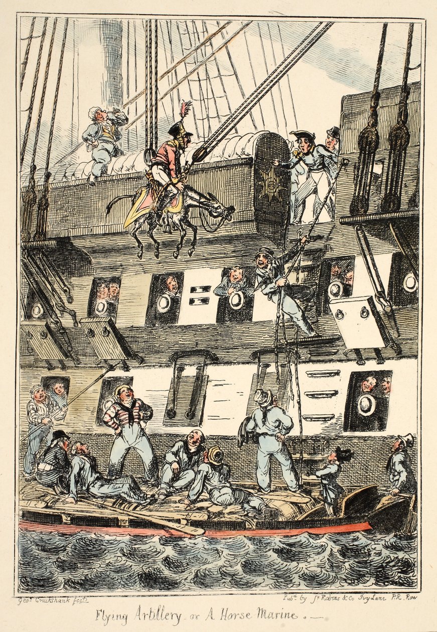 Flying Artillery or A Horse Marine, fra Greenwich Hospital, a Series of Naval Sketches, Descriptive of a Life of a Man-of-Wars Man, pub. 1826 (håndfarget gravering) av George Cruikshank
