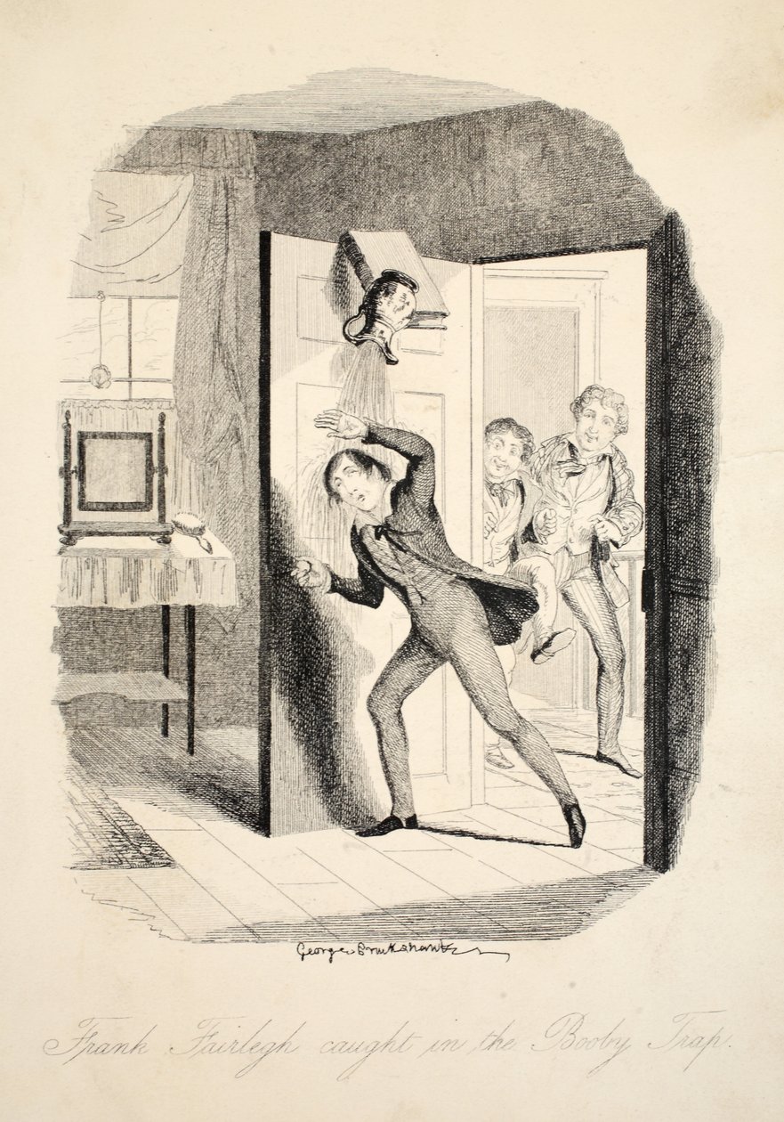 Frank Fairlegh Caught in the Booby Trap, fra Frank Fairlegh eller Scenes From the Life of a Private Pupil, pub. ca. 1870 av George Cruikshank