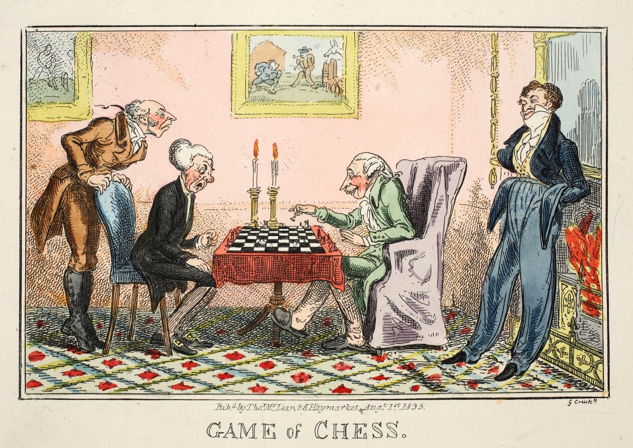Game of Chess, pub av Thomas McLean, 1835 (håndfarget gravering) av George Cruikshank