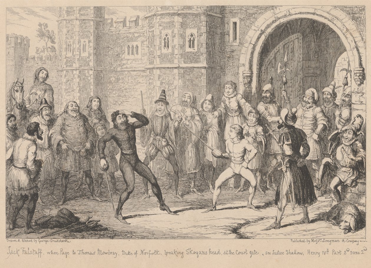 Gloucestershire. Før Shallows hus: 'Henry IV Part II,' Act III, Scene II av George Cruikshank