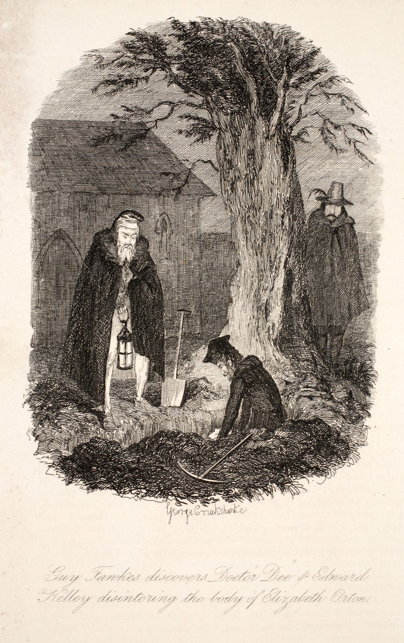 Guy Fawkes oppdager at doktor Dee og Edward Kelley forstyrrer kroppen til Elizabeth Orton, illustrasjon fra Guy Fawkes, eller Gunpowder Treason: an Historical Romance, av William Harrison Ainsworth, pu av George Cruikshank
