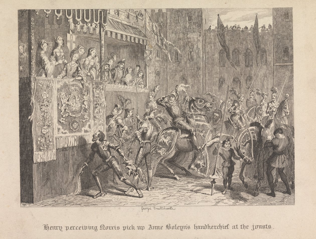 Henry oppfatter Norris plukke opp Ann Boleyns lommetørkle på dystene av George Cruikshank