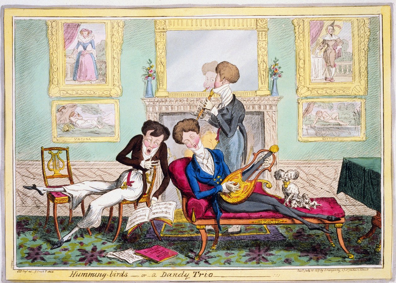 Humming-birds, eller en Dandy Trio, pub. 1819 (håndfarget gravering) av George Cruikshank