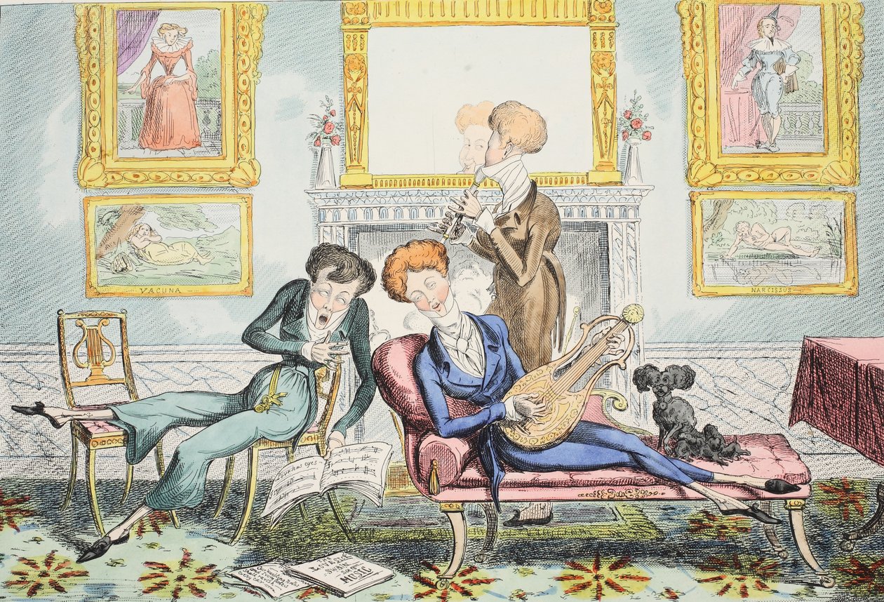Hummingbirds or A Dandy Trio, pub. 1835 (håndfarget gravering) av George Cruikshank