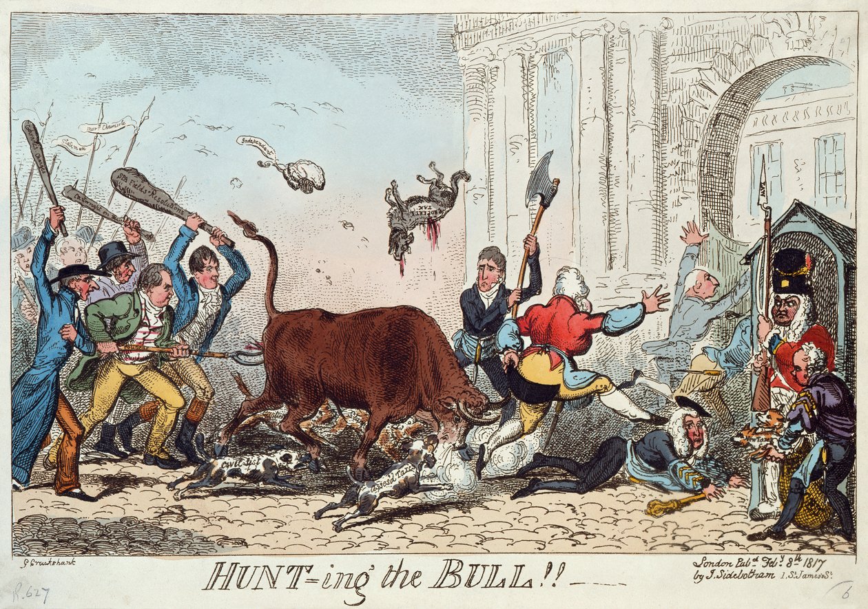 Hunting the Bull, 1817 (fargetsing) av George Cruikshank
