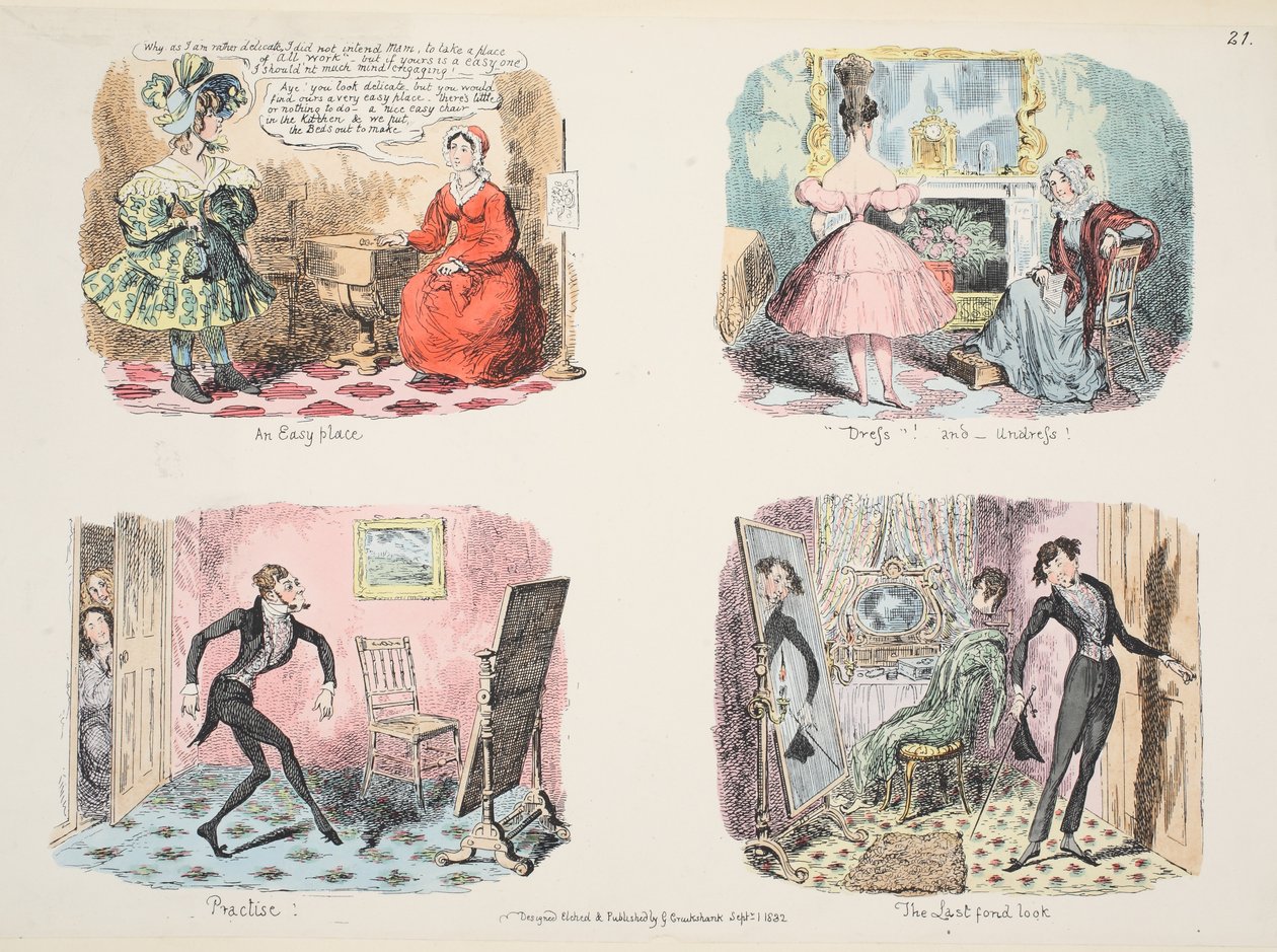 Illustrasjon fra The Whole Art of Dress eller The Road to Elegance and Fashion, pub. 1832 (håndfarget gravering) av George Cruikshank