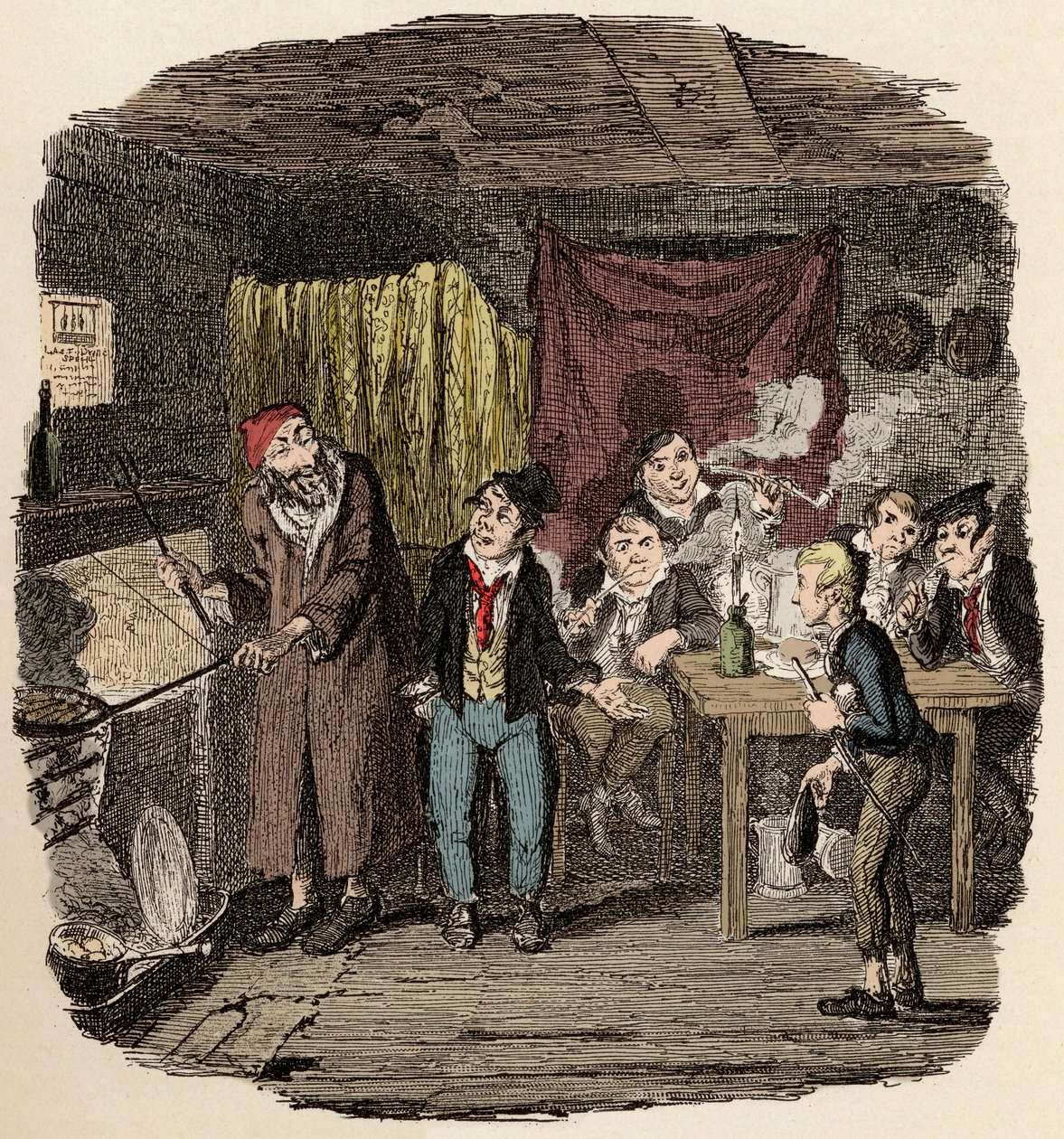 I London, Jack Dawkins kalt reven presenterer Oliver til Fagin og teamet hans av malfrater - Oliver introdusert for den respektable gamle gentlemannen - Illustrasjon for "Oliver Twist" (Olivier) (The Adventures of Oliver Twist) av Charles Dickens (1812-187 av George Cruikshank