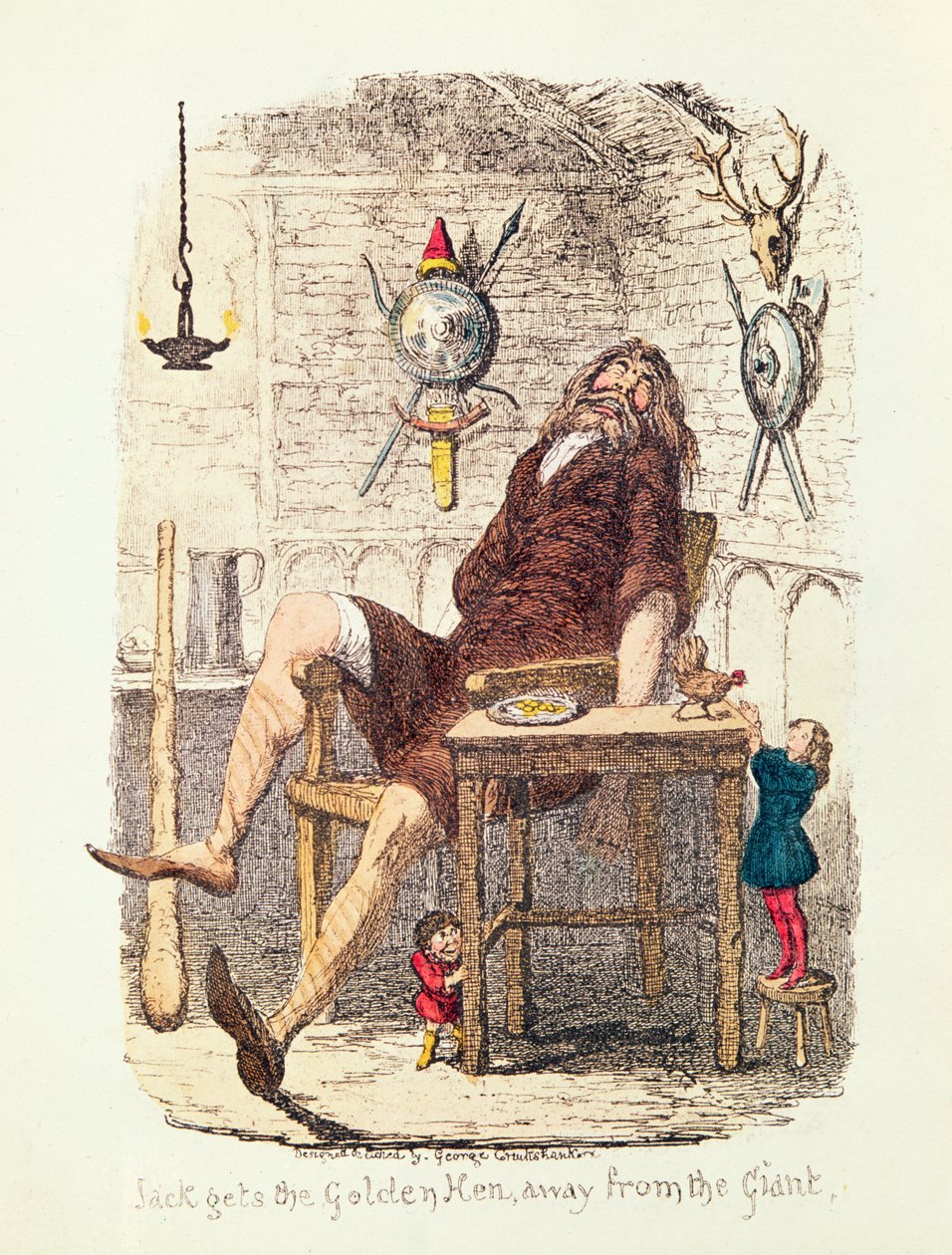 Jack får den gylne høna vekk fra kjempen (farge litho) av George Cruikshank