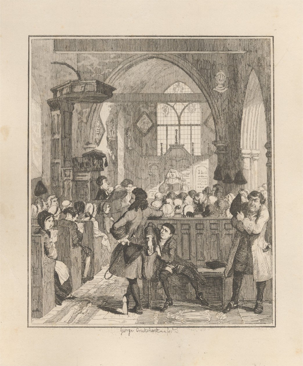 Jack Sheppard begår ranet i Willesden Church av George Cruikshank