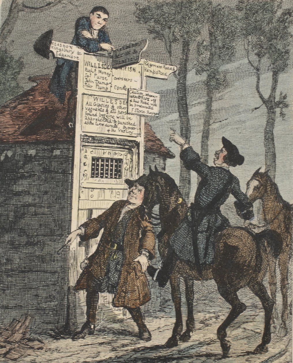 Jack Sheppard Escapes from the Prisoners Cage, illustrasjon fra Jack Sheppard: A Romance av William Harrison Ainsworth, utgitt 1839 (håndfarget etsning) av George Cruikshank