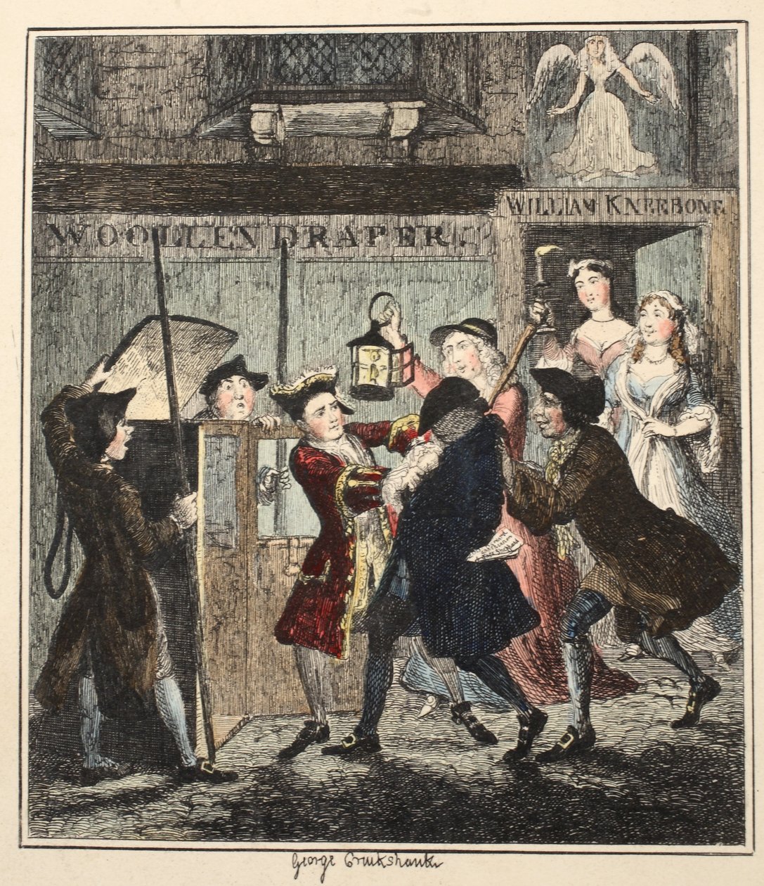 Jack Sheppard Tricking Shotbolt, illustrasjon fra Jack Sheppard: A Romance av William Harrison Ainsworth, utgitt 1839 (håndfarget etsning) av George Cruikshank