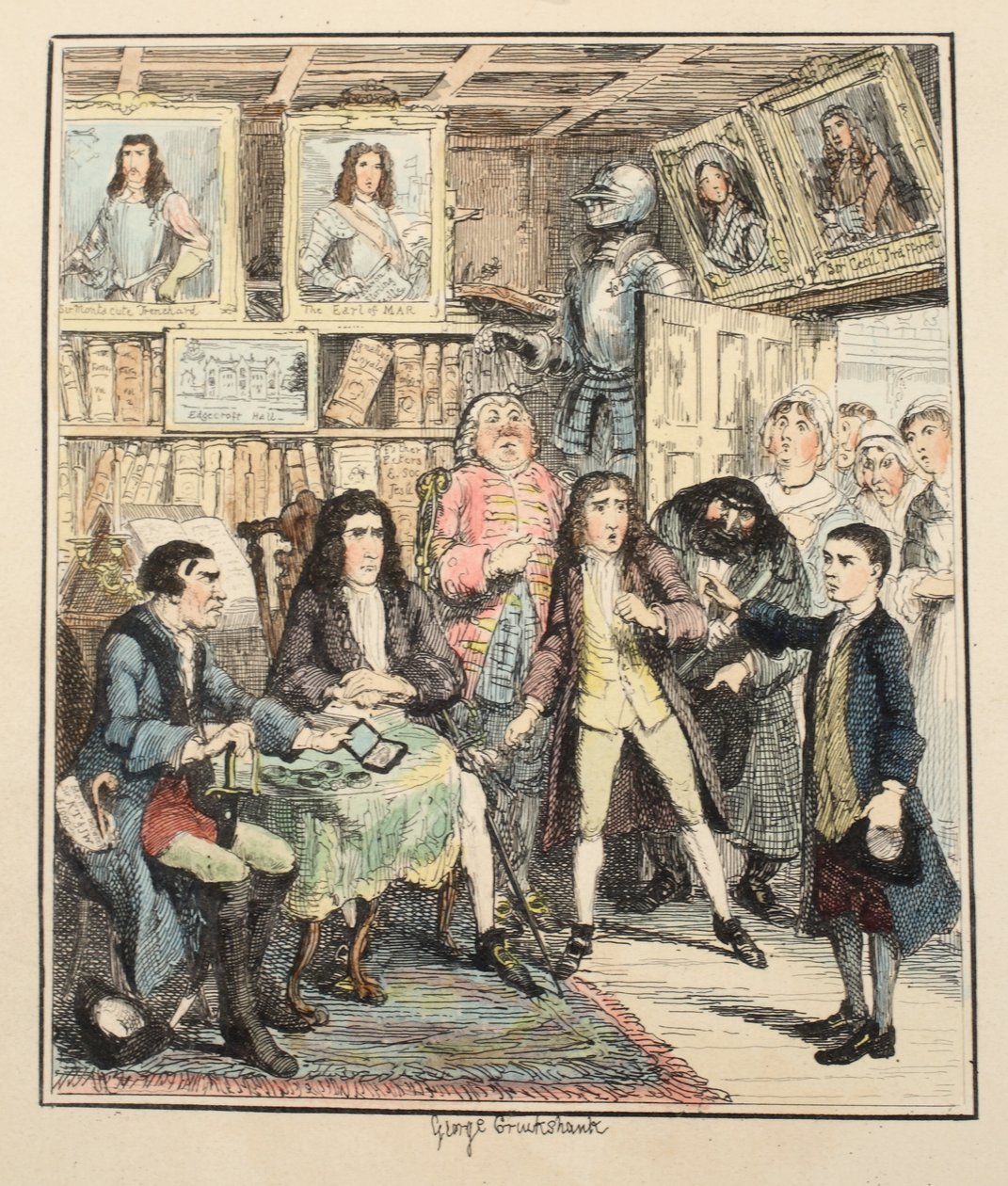 Jack Sheppard anklager Thames Darrell for Theft, illustrasjon fra Jack Sheppard: A Romance av William Harrison Ainsworth, utgitt 1839 (håndfarget etsning) av George Cruikshank