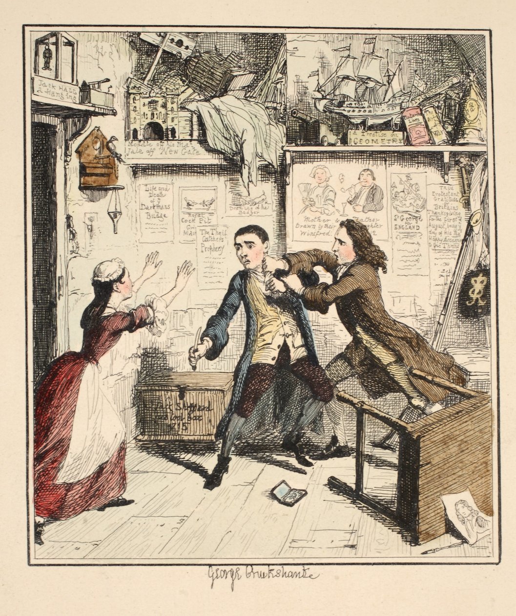 Jack Sheppard viser en vindictive Character, illustrasjon fra Jack Sheppard: A Romance av William Harrison Ainsworth, utgitt 1839 (håndfarget etsning) av George Cruikshank