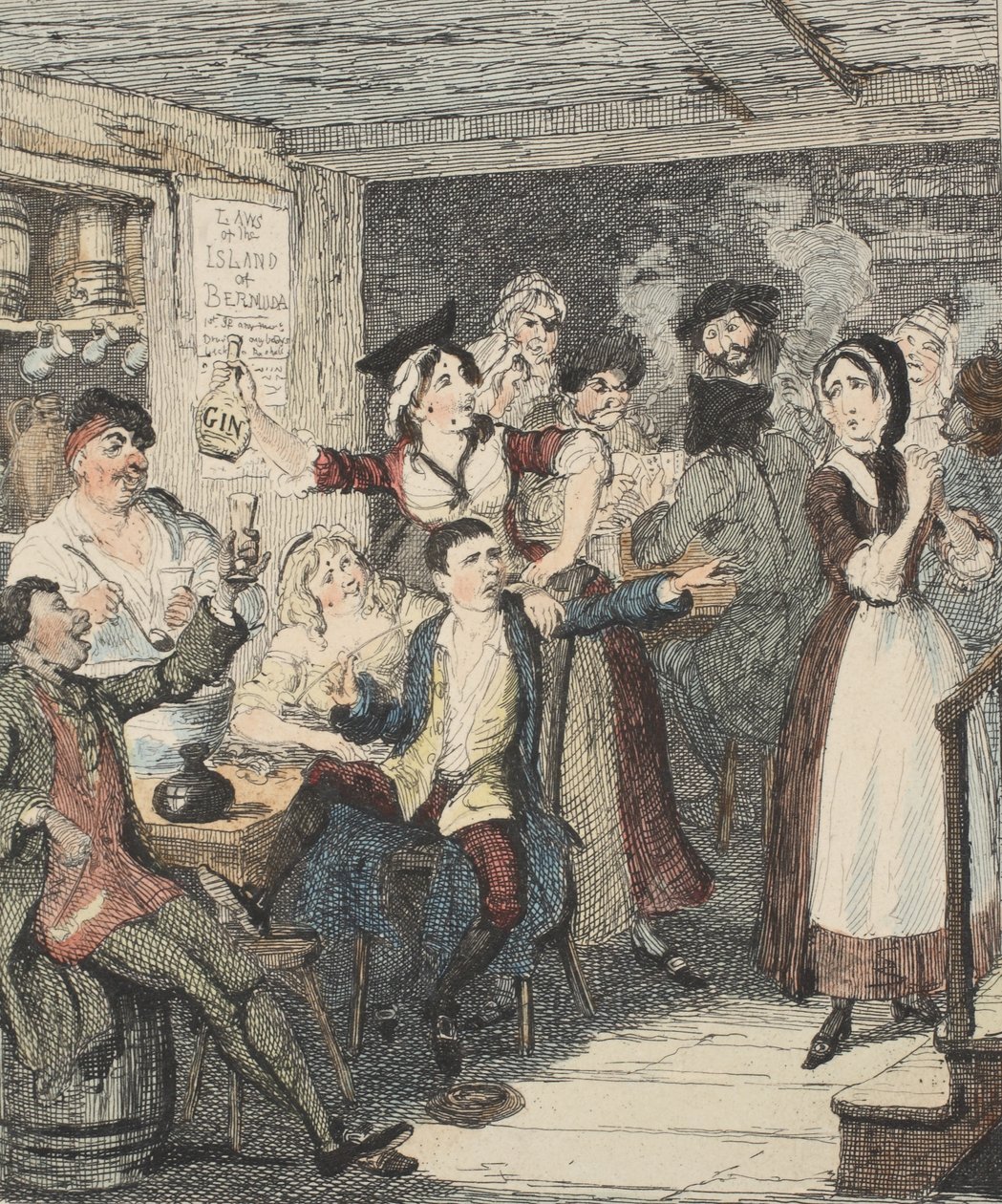 Jack Sheppard blir full og beordrer moren sin bort, illustrasjon fra Jack Sheppard: A Romance av William Harrison Ainsworth, utgitt 1839 (håndfarget etsning) av George Cruikshank