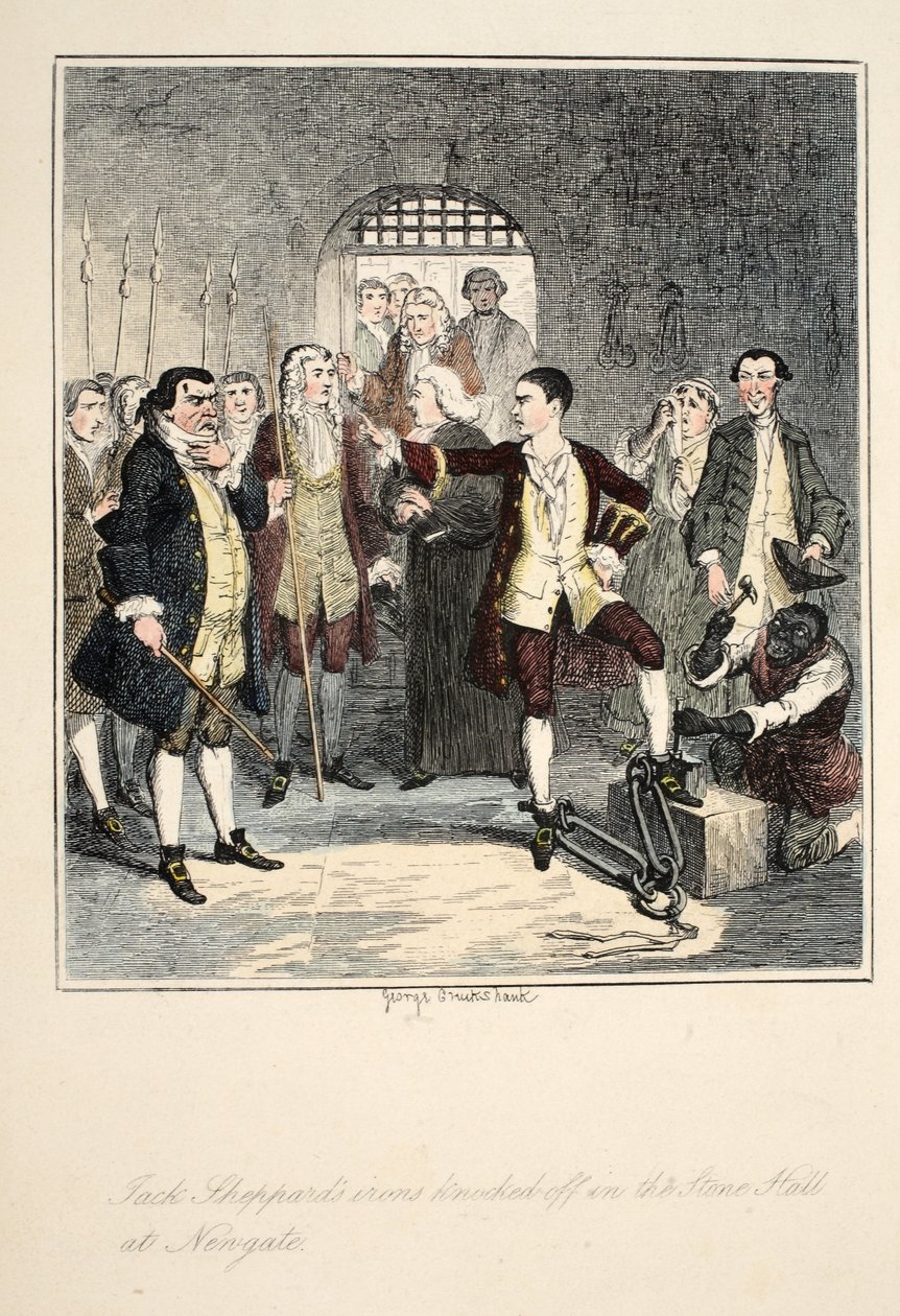 Jack Sheppards jern slått av i Stone Hall ved Newgate, illustrasjon fra Jack Sheppard: A Romance av William Harrison Ainsworth, utgitt 1839 (håndfarget etsning) av George Cruikshank