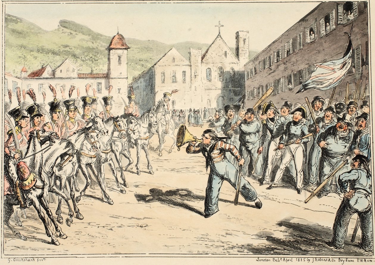 Jacks Trump of Defiance, fra Greenwich Hospital, a Series of Naval Sketches, Descriptive of a Life of a Man-of-Wars Man, pub. 1826 (håndfarget gravering) av George Cruikshank