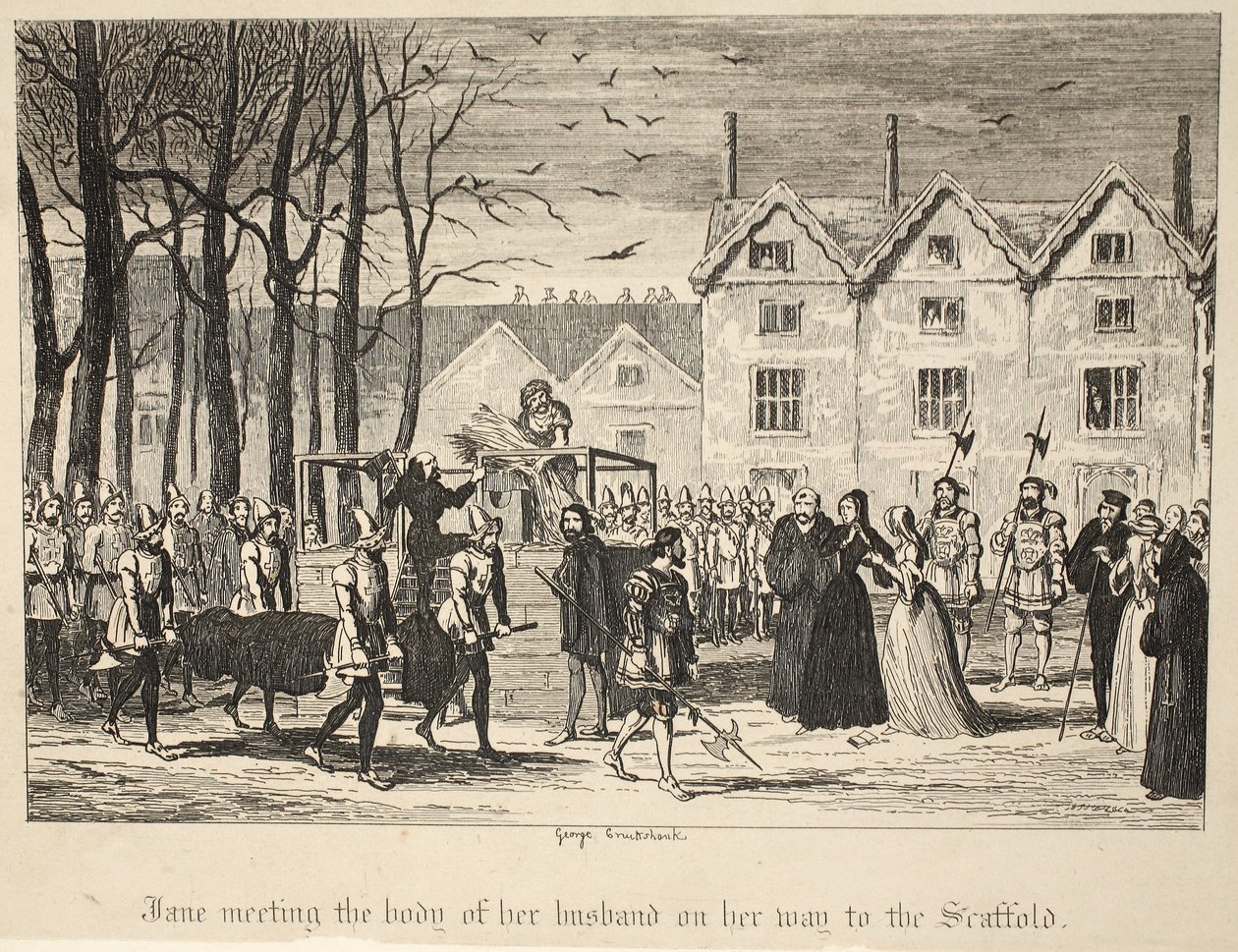 Jane møter liket av mannen sin på vei til stillaset, fra puben The Tower of London. 1840 av George Cruikshank