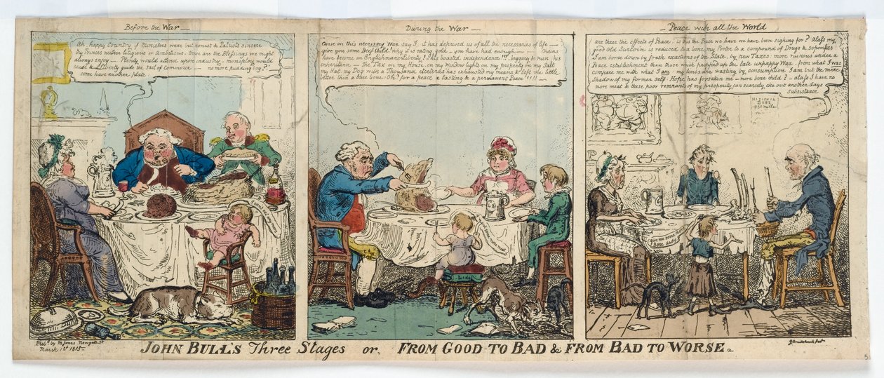 John Bulls tre stadier, eller, From Good to Bad und From Bad to Worse, 1815 (håndfarget gravering) av George Cruikshank