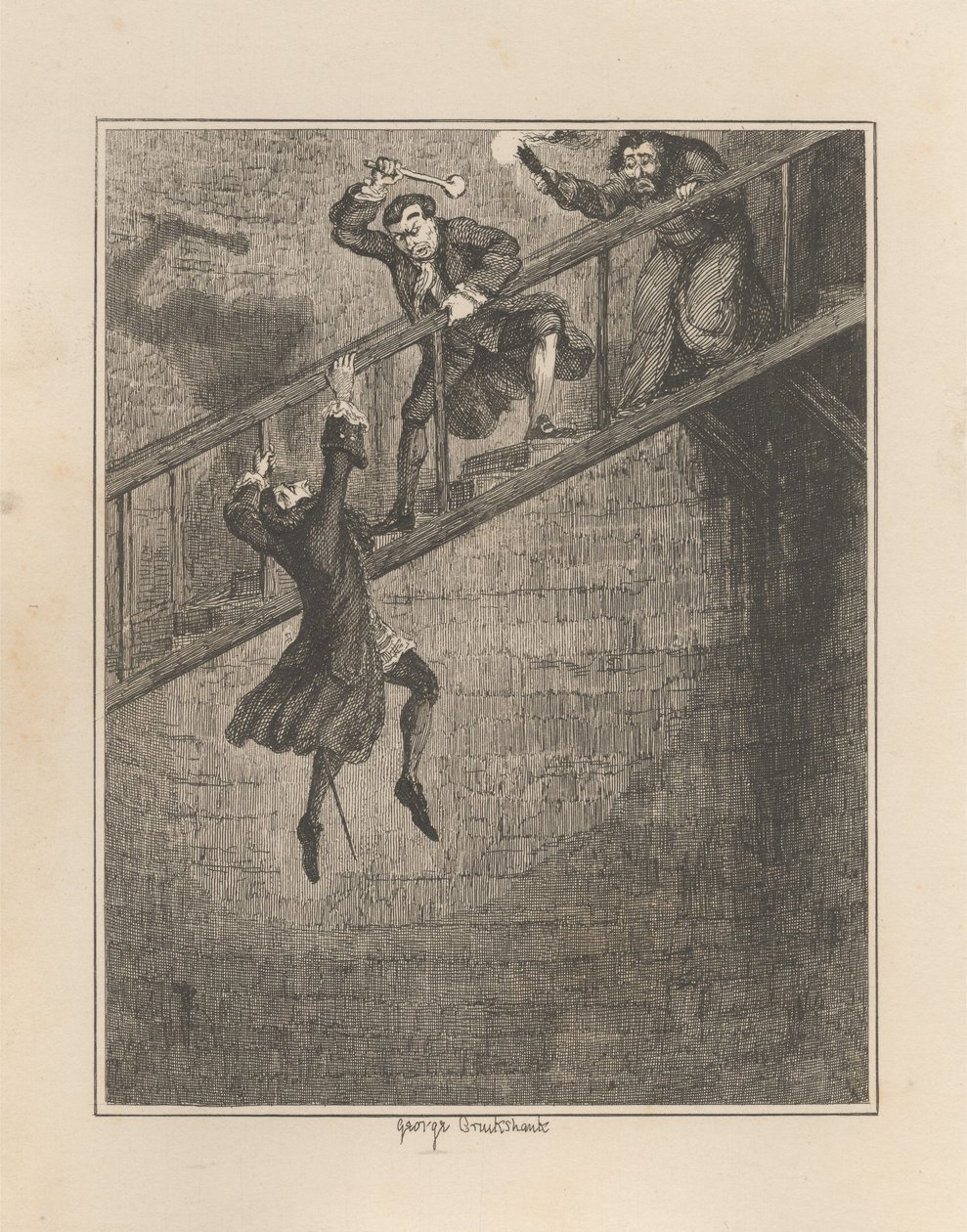 Jonathan Wild kaster Sir Rowland Trenchard ned i brønnen av George Cruikshank