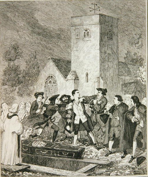 Jonathan Wild grep Jack ved morens begravelse i Willesden Churchyard, illustrasjon fra 