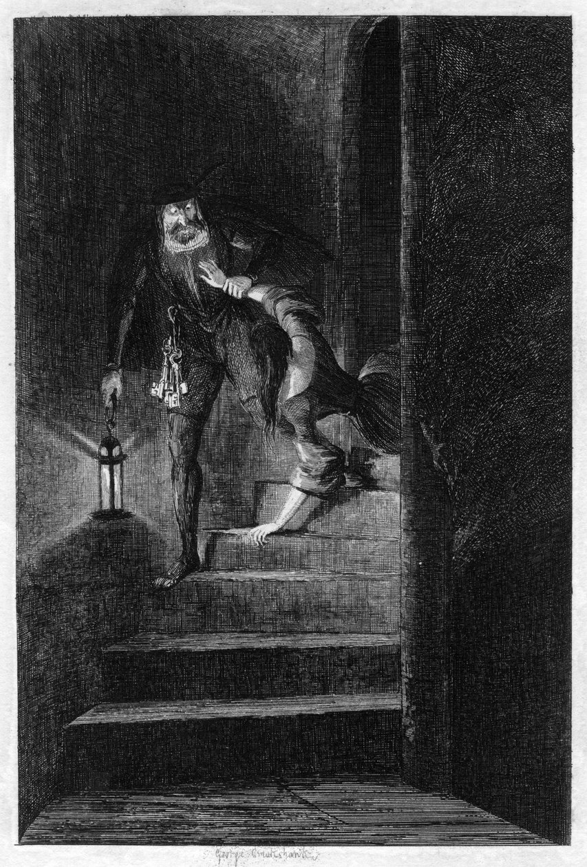 Lawrence Nightgall drar Cicely ned de hemmelige trappene i Salt Tower, 1840 av George Cruikshank