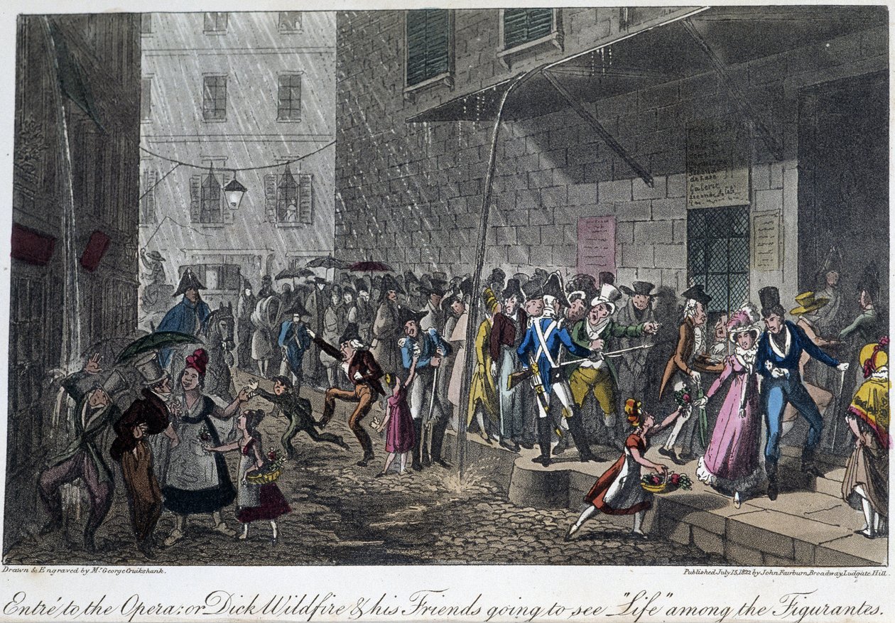 Inngangen til Operaen i Paris - i ""Livet i Paris"" av David Carey, ill. av Georges Cruikshank, red. Faiburn, London av George Cruikshank