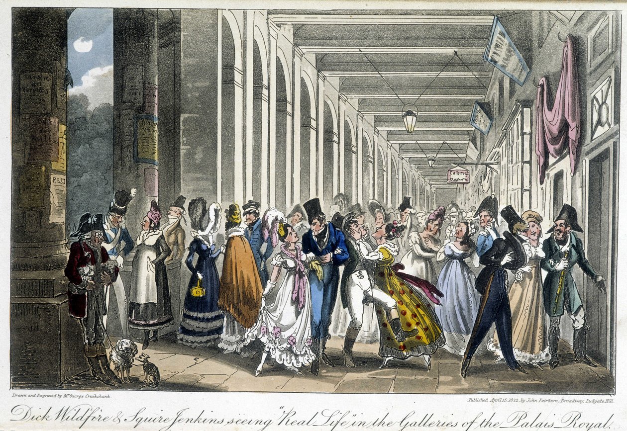 Les galeries du Palais Royal - i "" Life in Paris"" av David Carey, London av George Cruikshank