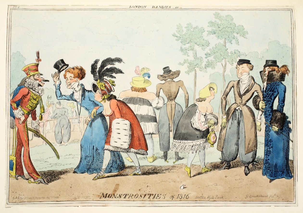 London Dandies or Monstrosities of 1815, Hyde Park, pub. 1835 (håndfarget gravering) av George Cruikshank