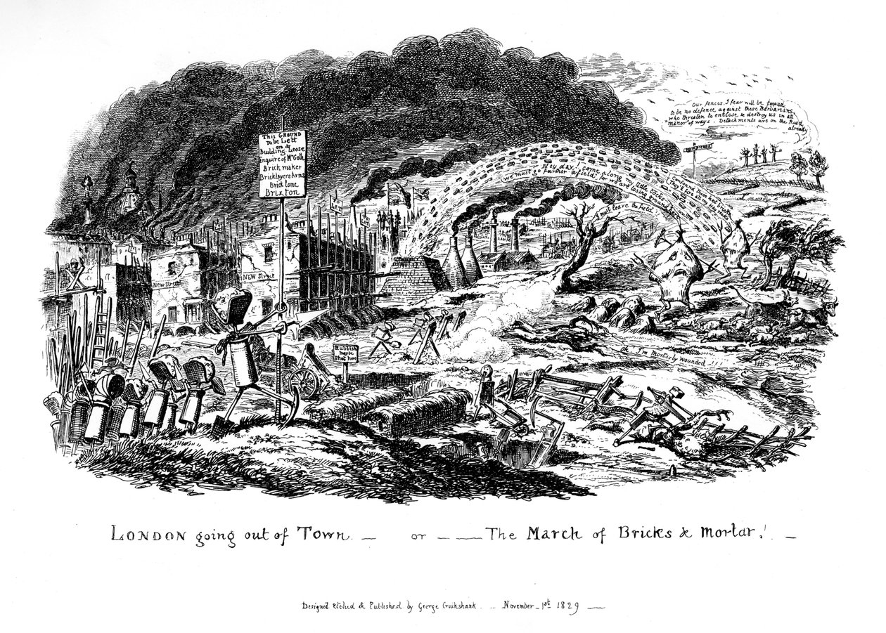 London går ut av byen - eller The March of Bricks and Mortar, 1829 av George Cruikshank
