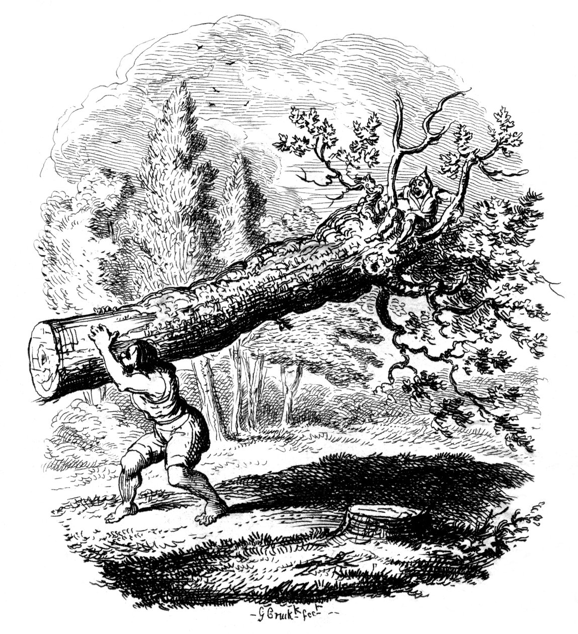 Mann som bærer en stor trestamme på skulderen, 1800-tallet. av George Cruikshank