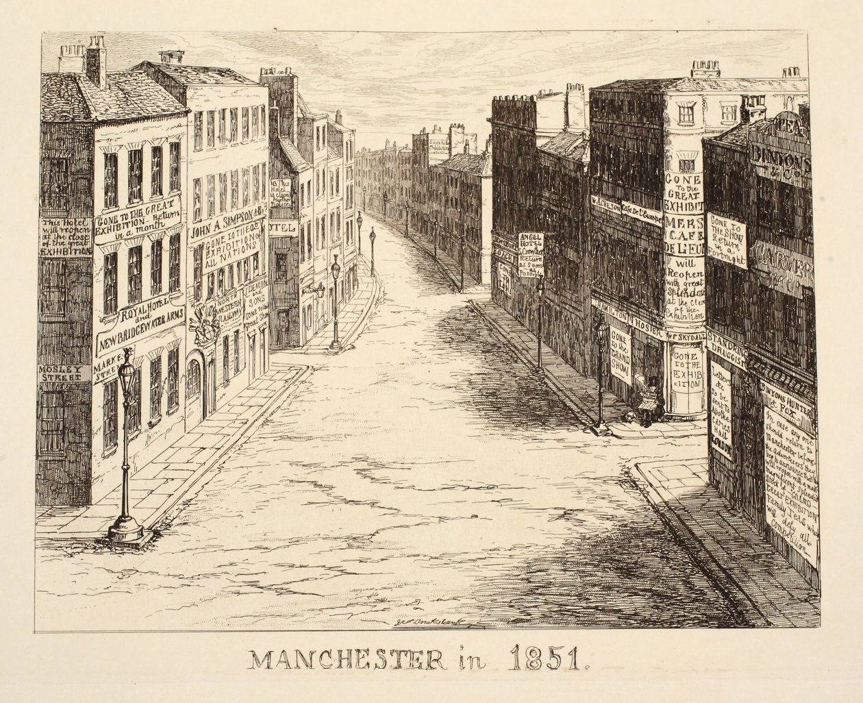 Manchester i 1851, fra 1851 eller The Adventures of Mr & Mrs Sandboys og familie som kom opp til London for å kose seg og se den store utstillingen, pub. 1851 av George Cruikshank