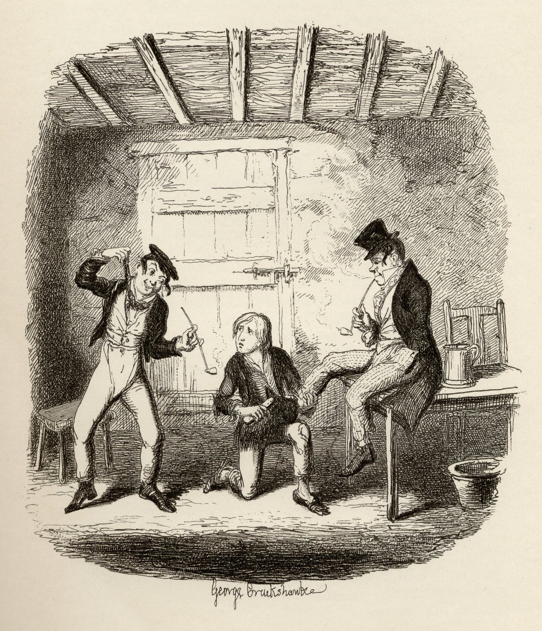 Master Bates forklarer en profesjonell teknisk sak, fra "The Adventures of Oliver Twist" av Charles Dickens (1812-70) 1838, utgitt av Chapman und Hall, 1901 av George Cruikshank