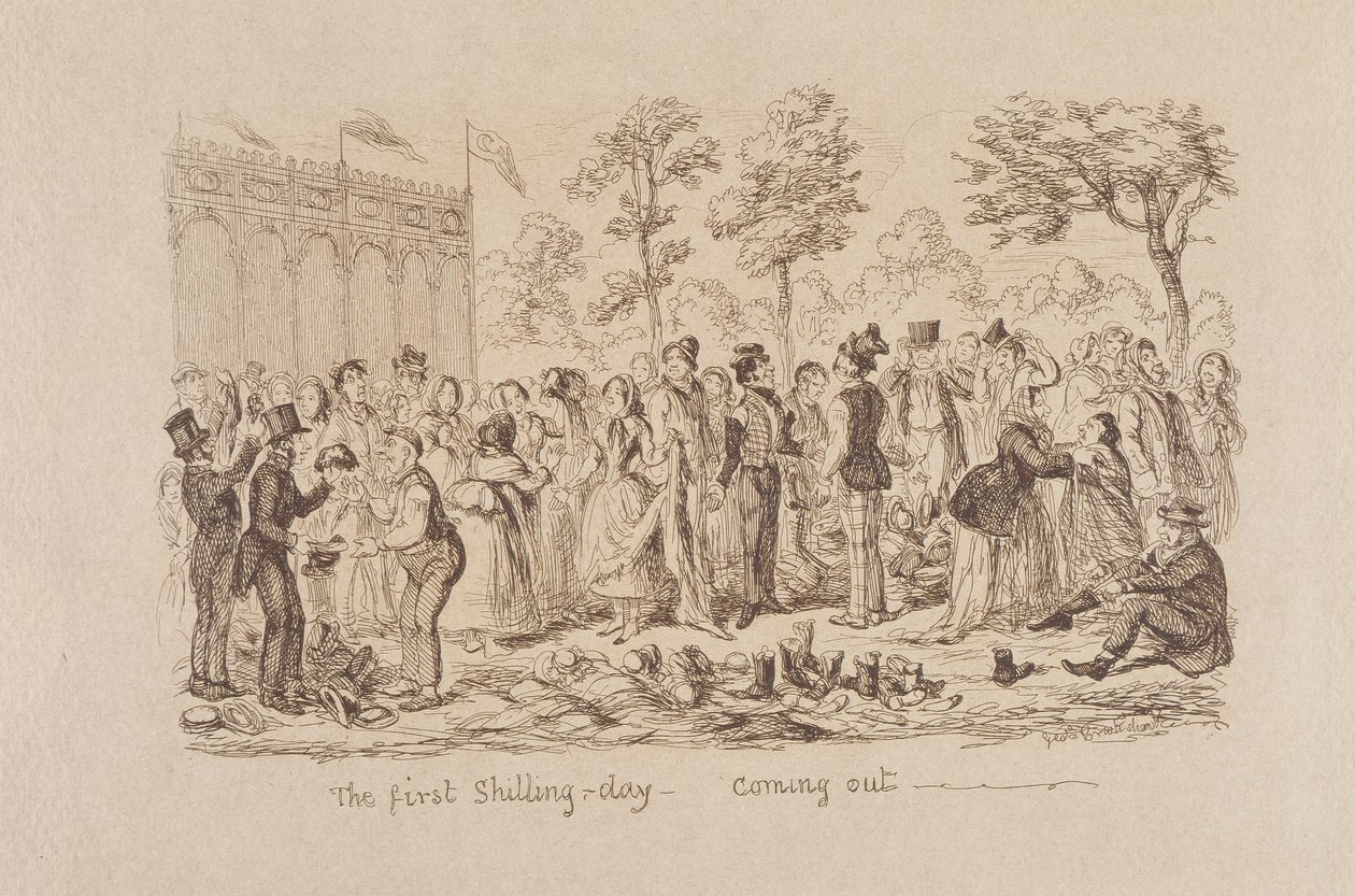 Mayhews store utstilling fra 1851: The First Shilling Day - Kommer ut, 1851 av George Cruikshank