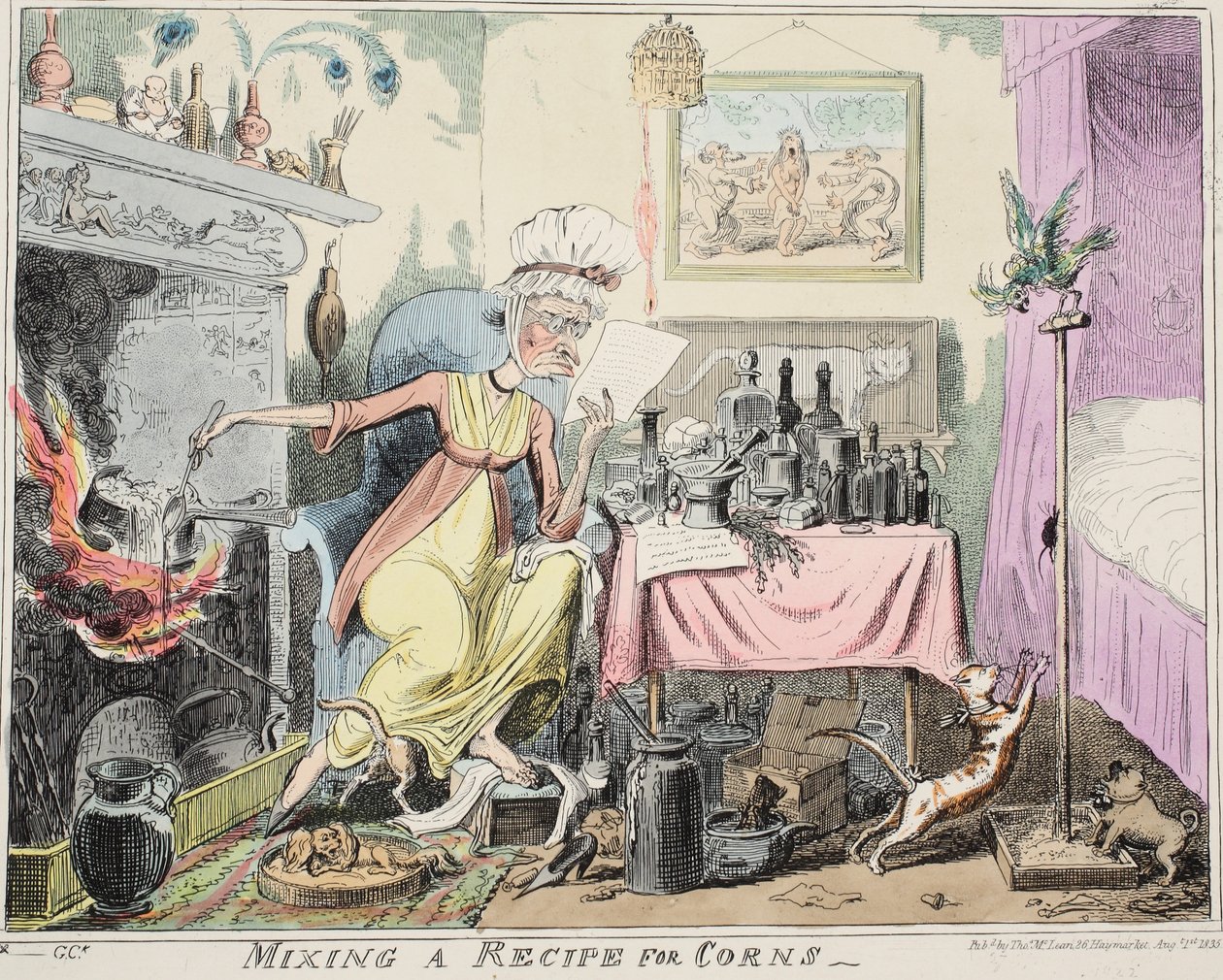 Mixing A Recipe for Corns, pub. 1835 (håndfarget gravering) av George Cruikshank
