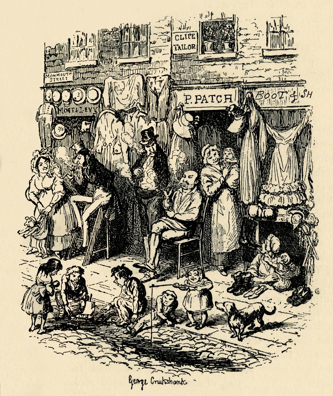 Monmouth Street, Soho, en illustrasjon av G. Cruikshank for Dickens Sketches av Boz. , 1938 av George Cruikshank