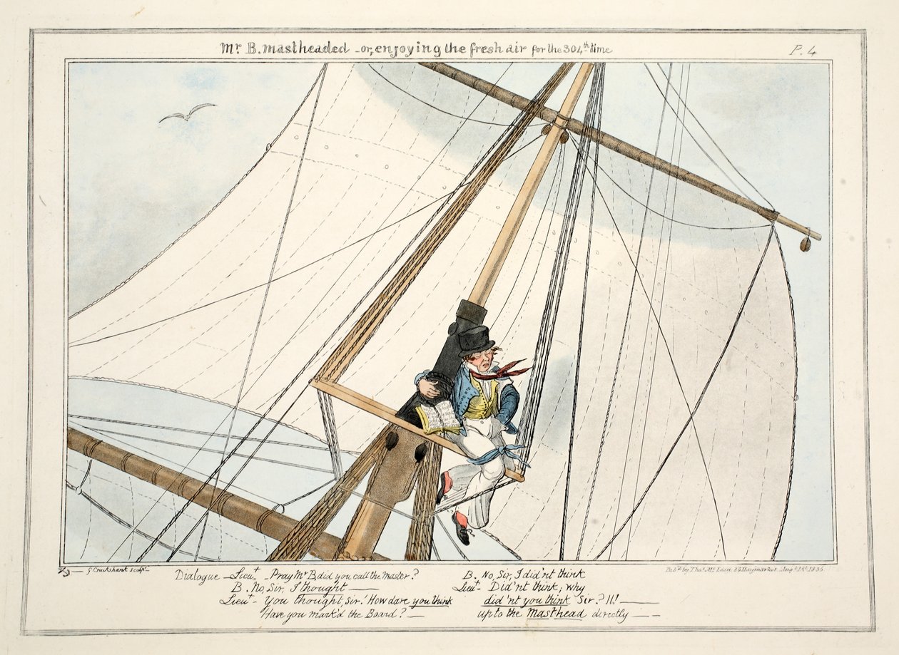 Mr. B. Mastheaded - eller, nyter den friske luften for 304. gang, fra The Progress of a Midshipman, 1835 (håndfarget gravering) av George Cruikshank