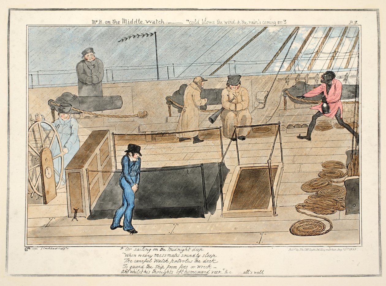 Mr. B på den midterste klokken - kaldt blåser vinden og regnet som kommer, fra The Progress of a Midshipman, pub.1835 (håndfarget gravering) av George Cruikshank