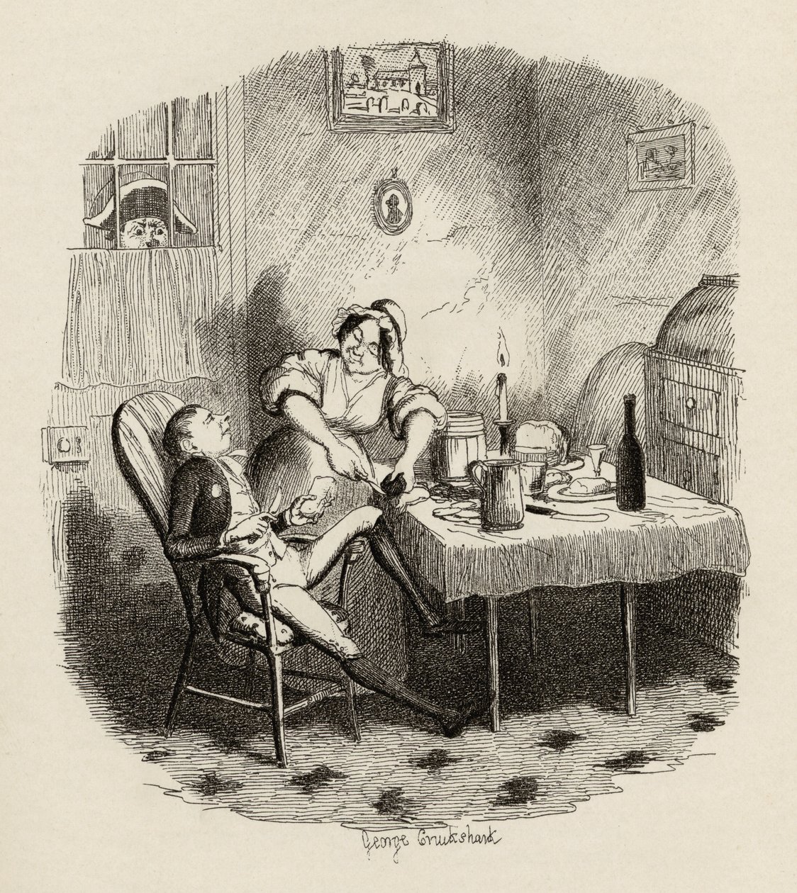 Mr Claypole som han dukket opp da mesteren hans var ute, fra "The Adventures of Oliver Twist" av Charles Dickens (1812-70) 1838, utgitt av Chapman und Hall, 1901 av George Cruikshank