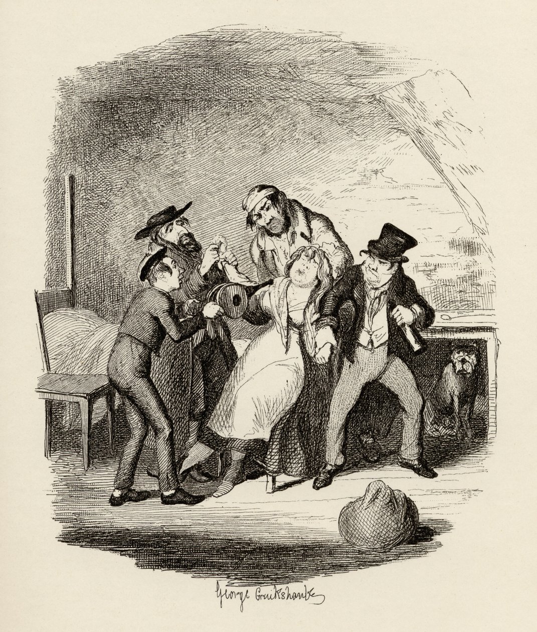 Herr Fagin og hans elev som gjenoppretter Nancy, fra "The Adventures of Oliver Twist" av Charles Dickens (1812-70) 1838, utgitt av Chapman und Hall, 1901 av George Cruikshank