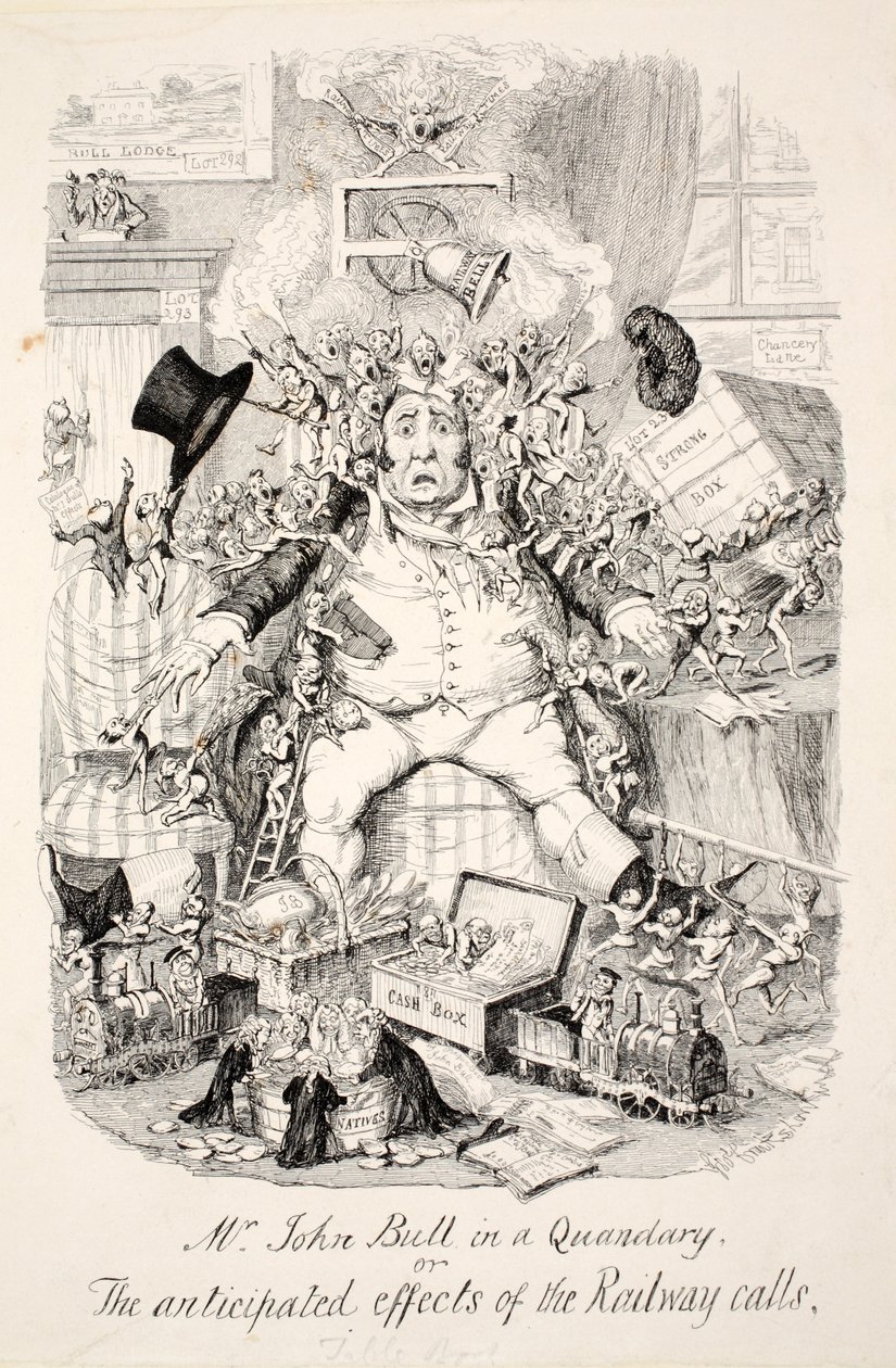Mr John Bull in a Quandary or the Precipated Effects of the Railway Calls, pub. 1845 av George Cruikshank