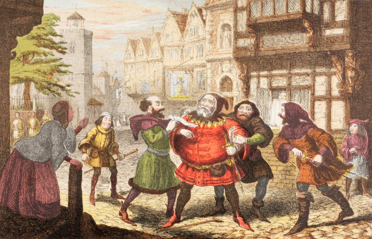 Mrs Quickly har Sir John Falstaff arrestert i Henry IV, del 2, fra 