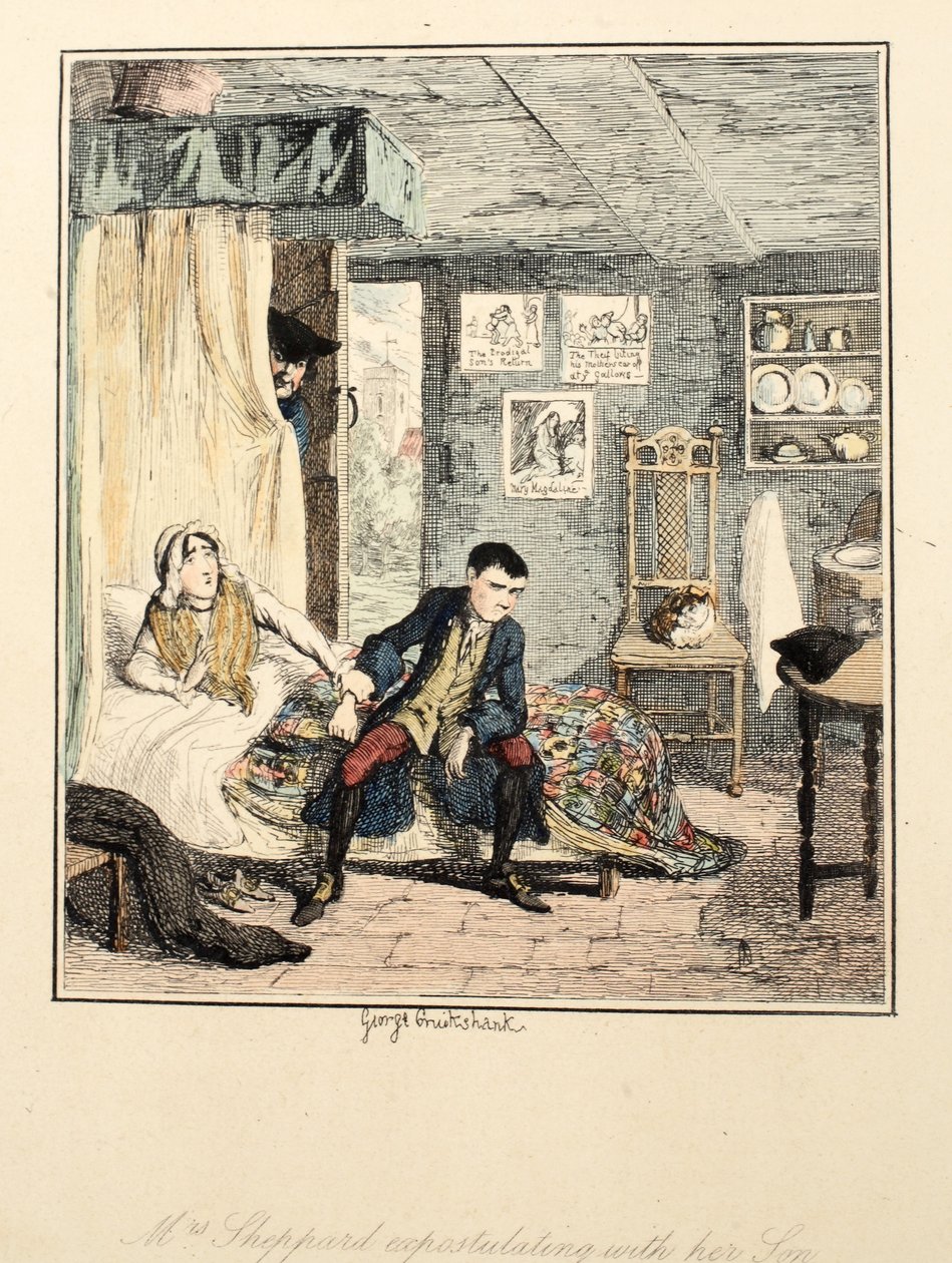 Mrs Sheppard eksposterer med sønnen sin, illustrasjon fra Jack Sheppard: A Romance av William Harrison Ainsworth, utgitt 1839 (håndfarget etsning) av George Cruikshank